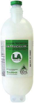 Intracillin LA Intracillin L.A. A sterile, aqueous suspension of 150,000i.u./mL procaine penicillin G and 150,000i.u./mL benzathine penicillin G.