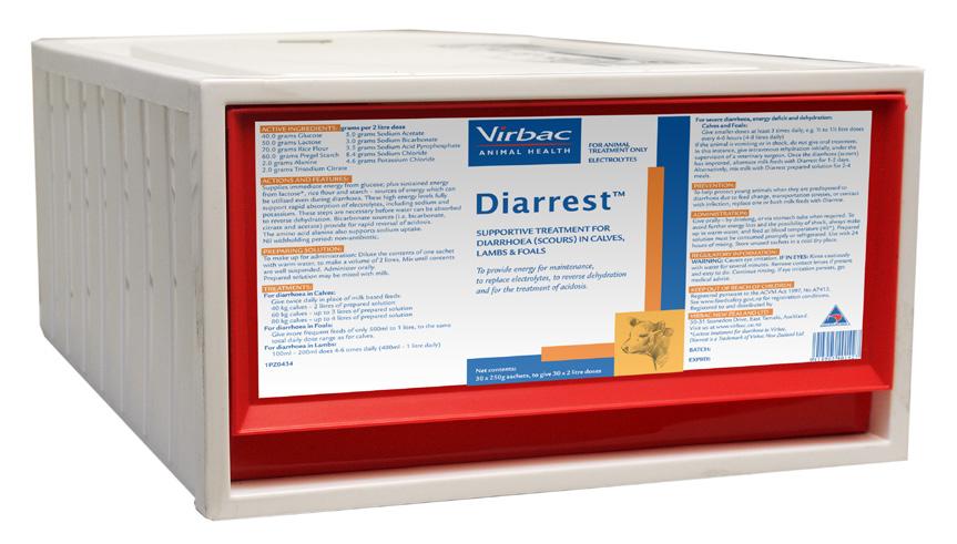Diarrest: Formulated to provide full maintenance energy requirements, replace electrolytes reverse dehydration and correct acidosis. MEAT AND MILK: Nil. No Antibiotic.