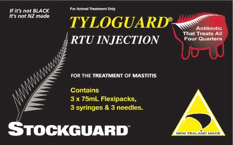 Tyloguard RTU Injection Tyloguard A sterile ready to use injectable solution containing 200mg/mL tylosin base. Manufactured in New Zealand. Available in 75mL and 200mL pillow packs.