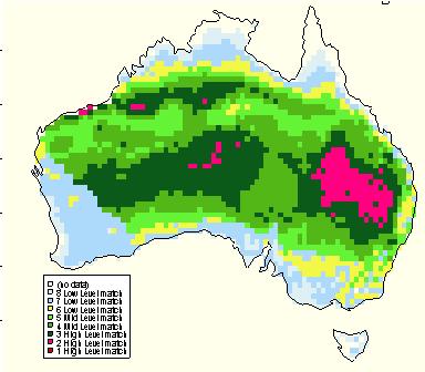 Map 2. Climate match between the world distribution of Ornate Box Turtle (Terrapene ornata) and Australia for eight match classes. Colour on Map Level of Match from Highest (10) to Lowest (3) No.