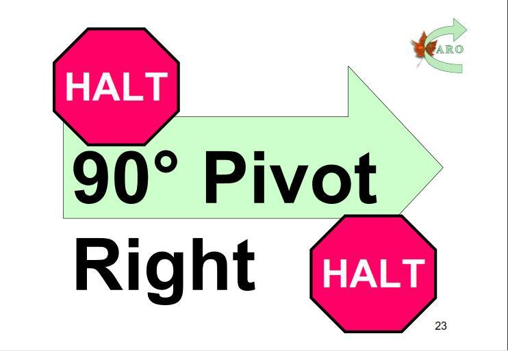 CAROMasterHandbook 32 23. HALT - 90 Degree Pivot Right - HALT. With the dog sitting in the heel position, the handler pivots 90 degrees (¼ turn) in place to his/her right and Halts.