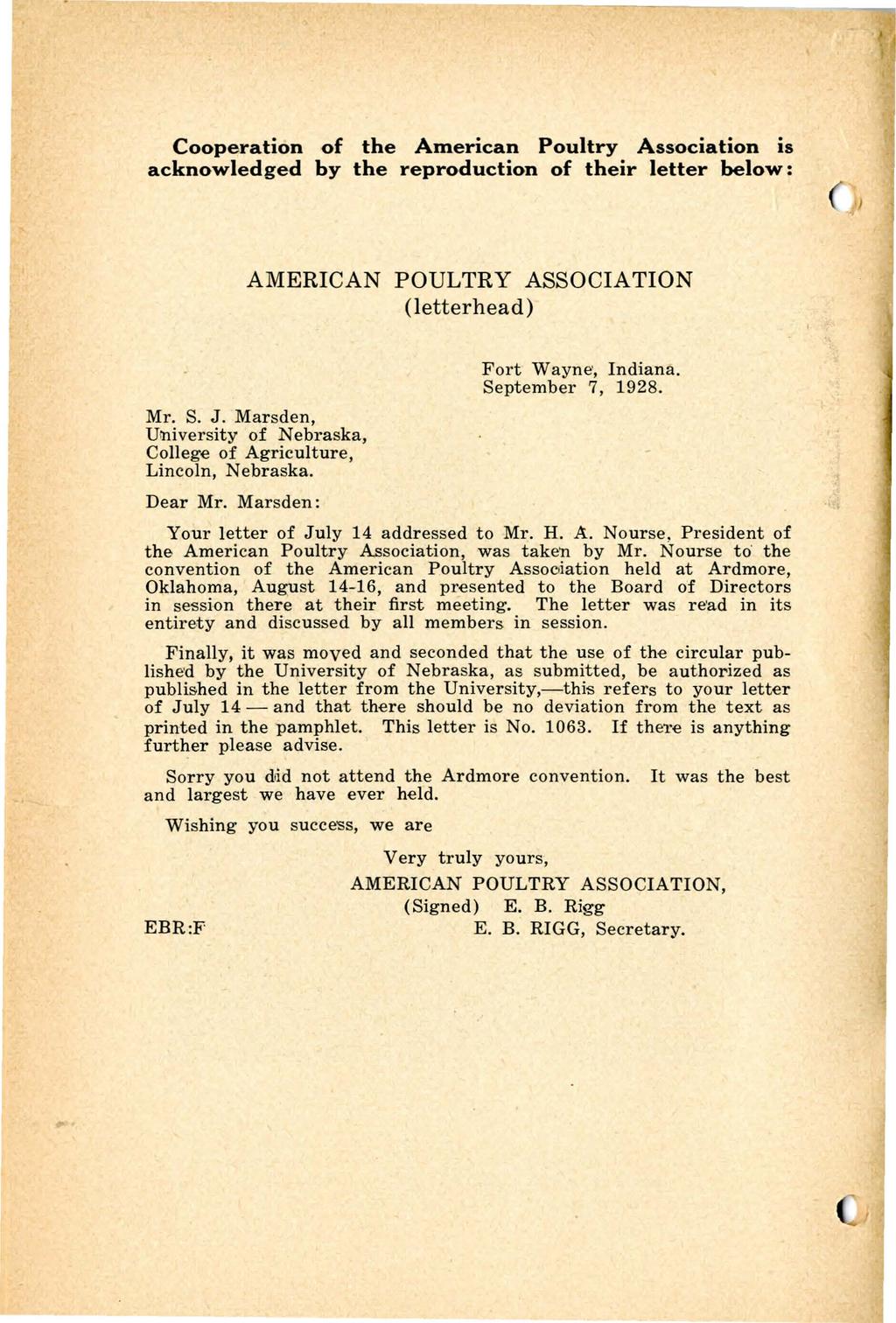 Cooperation of the American Poultry Association is acknowledged by the reproduction of their letter below: AMERICAN POULTRY ASSOCIATION (letterhead) Mr. S. J.