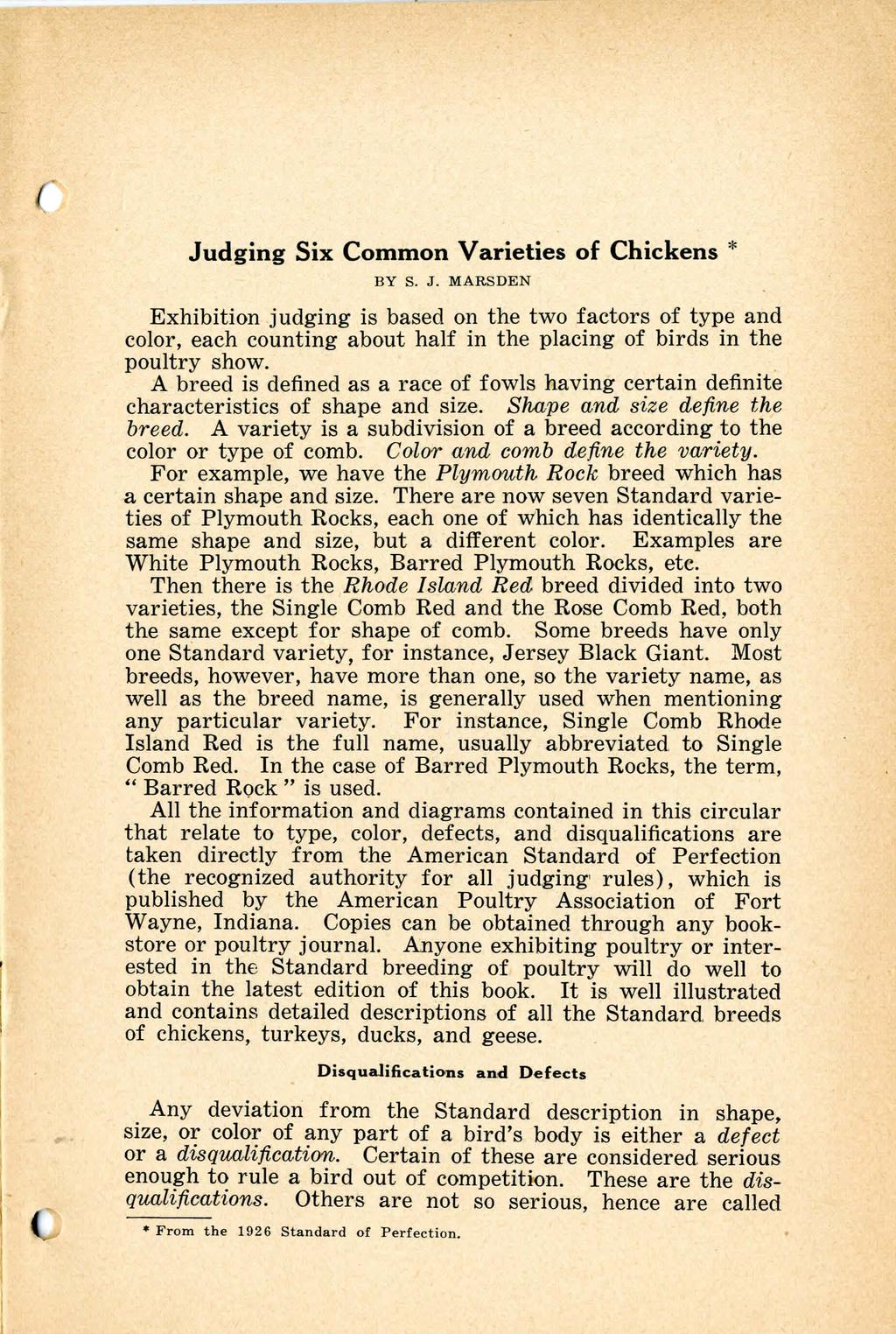 Judging Six Common Varieties of Chickens* BY S. J. MARSDEN Exhibition judging is based on the two factors of type and color, each counting about half in the placing of birds in the poultry show.