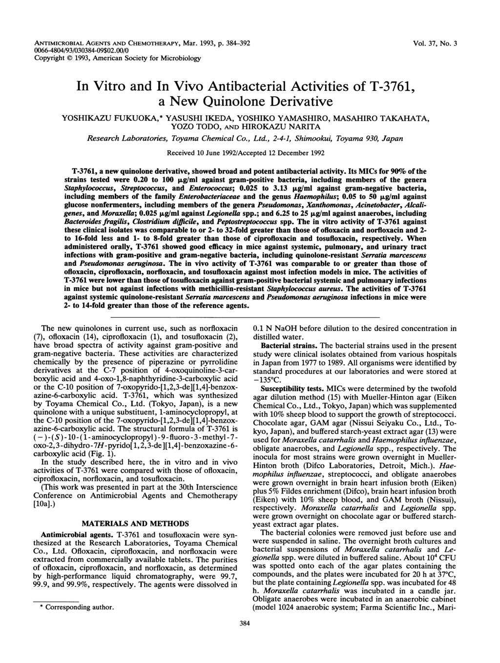 ANTIMICROBIAL AGENTS AND CHEMOTHERAPY, Mar. 1993, p. 384-392 0066-4804/93/030384-09$02.00/0 Copyright 1993, American Society for Microbiology Vol. 37, No.