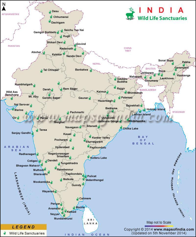 Map.1: Map showing wildlife sanctuaries in India