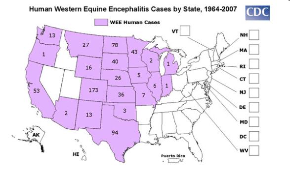 Figure 11. Map showing human cases of WEE throughout the U.S. by state.