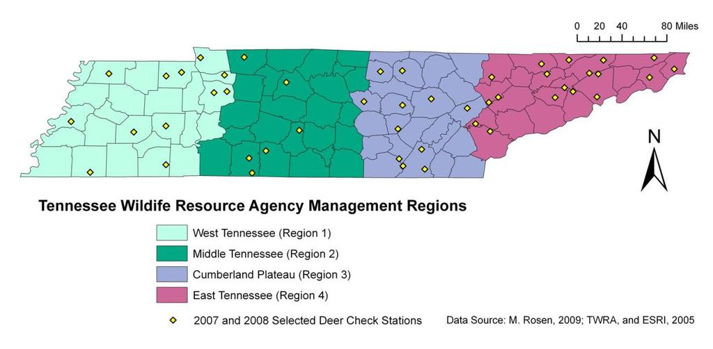 Figure 2.1: Locations of the four TWRA management regions and the 47 check stations in Tennessee where deer were inspected in 2007 and/or 2008.