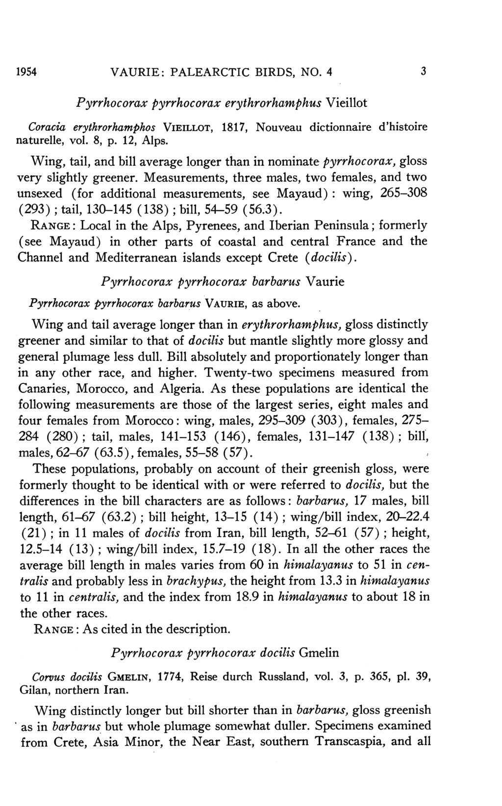 1954 VAURIE: PALEARCTIC BIRDS, NO. 4 3 Pyrrhocorax pyrrhocorax erythrorhamphus Vieillot Coracia erythrorhamphos VIEILLOT, 1817, Nouveau dictionnaire d'histoire naturelle, vol. 8, p. 12, Alps.