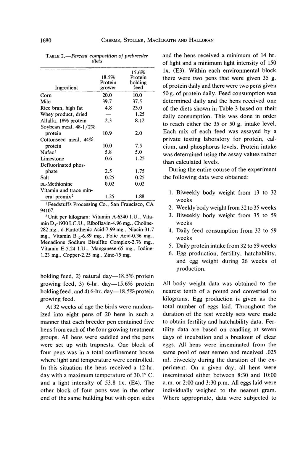 1680 CHERMS, STOLLER, MACILRAITH AND HALLORAN TABLE 2.Percent composition of prebreeder diets 15.6% 18.