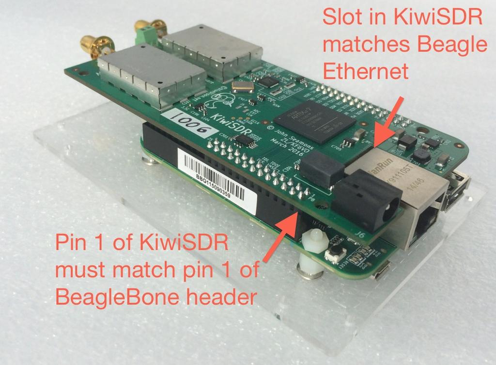 Attach KiwiSDR to BeagleBone. Be extremely careful to align the KiwiSDR pins into the correct header sockets of the Beagle.