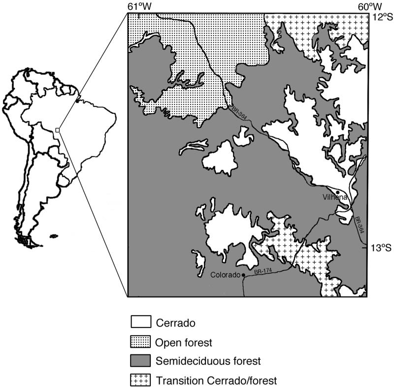 March 2003] HERPETOLOGICA 77 FIG. 1. Vegetation map of type locality of Cnemidophorus parecis. Polonoroeste program along the BR-364 road in Rondônia (Nascimento et al., 1988; Vanzolini, 1986).