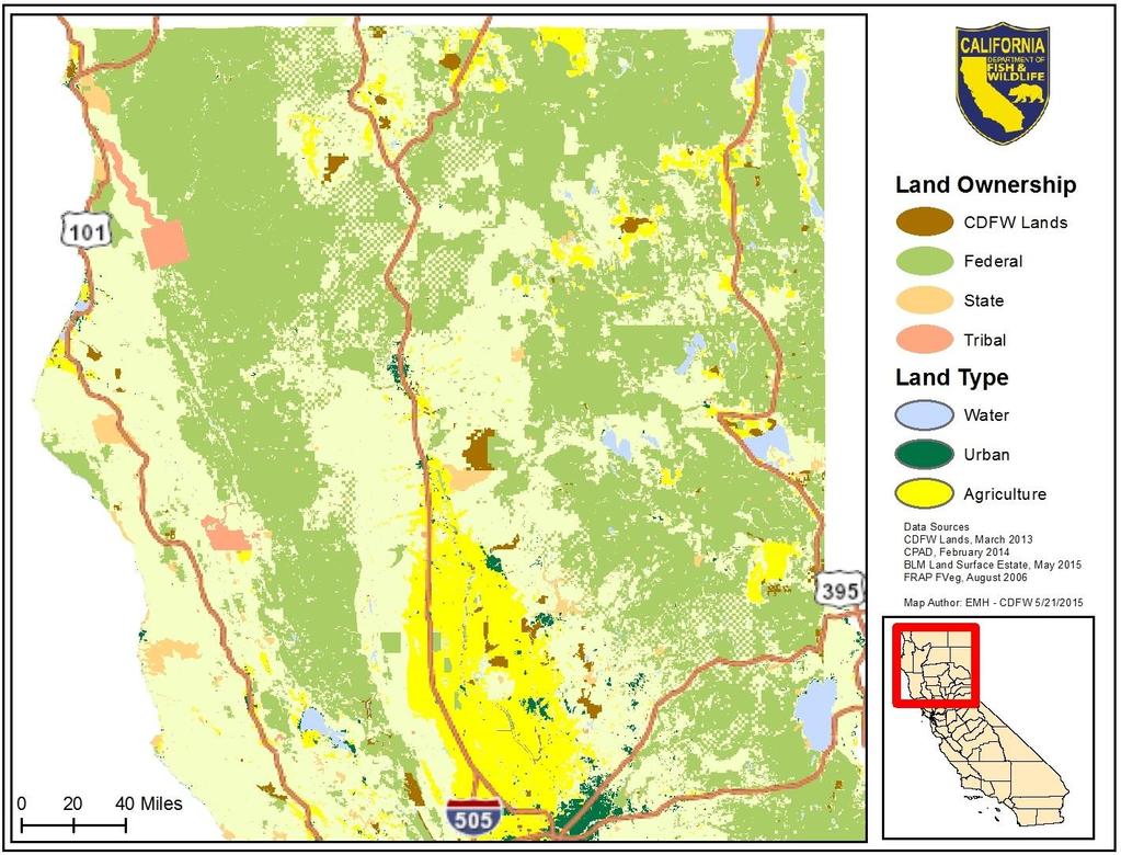 Figure 9.1. Public land ownership in northern California, demonstrating the patchy nature of most areas, and the few areas of core forested habitat.