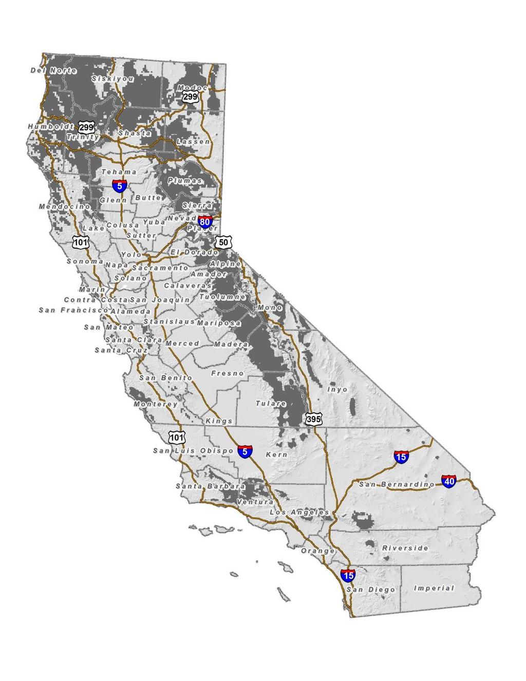 Figure 9.2. Potentially suitable habitat for wolves in California delineated in dark gray. Model is based on habitat used by wolves in the northern Rocky Mountains states.