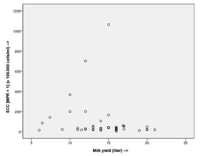 Figure 2: The distribution of the first known SCC in lactation in relation to the milk yield prior to drying-off after filtering of one result (13; 7.225).