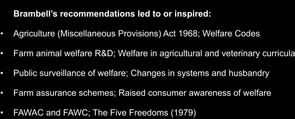 Provisions) Act 1968; Welfare Codes Farm animal welfare R&D; Welfare in agricultural and veterinary curricula Public surveillance of