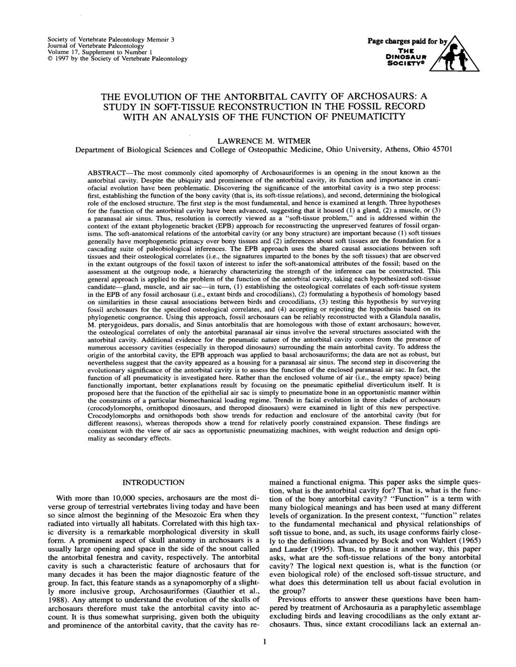 Society of Vertebrate Paleontology Memoir 3 Journal of Vertebrate Paleontology Volume 17, Supplement to Number 1 O 1997 by the Society of Vertebrate Paleontology THE EVOLUTION OF THE ANTORBITAL