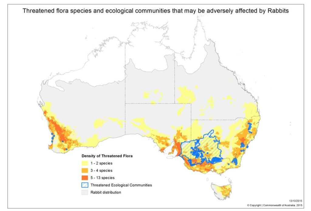 Figure 5: Rabbit distribution and locations of threatened flora (plant) species and ecological communities that may be adversely affected by rabbits