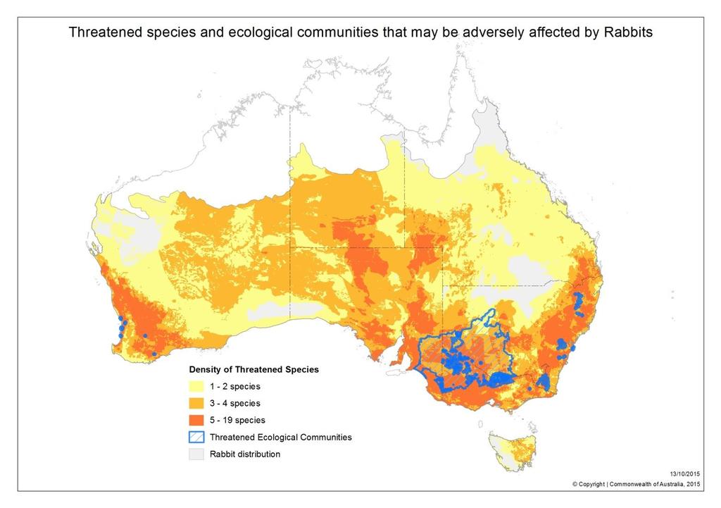 Figure 2: Rabbit distribution and locations of threatened ecological communities and species that may be adversely affected by rabbits.
