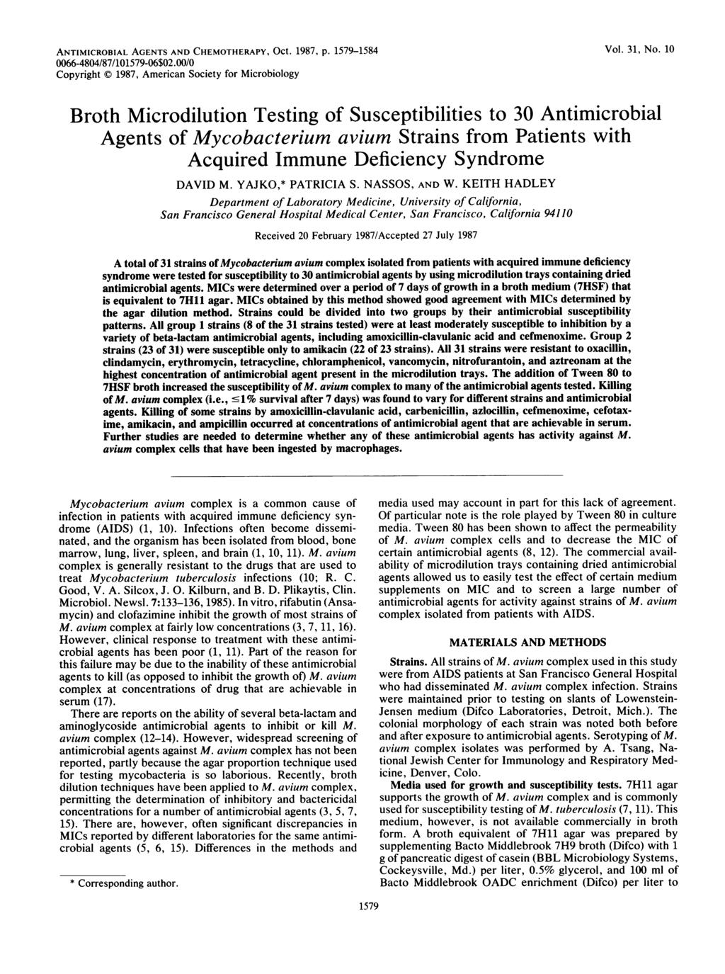 ANTIMICROBIAL AGENTS AND CHEMOTHERAPY, Oct. 1987, p. 1579-1584 Vol. 31, No. 10 0066-4804/87/101579-06$02.