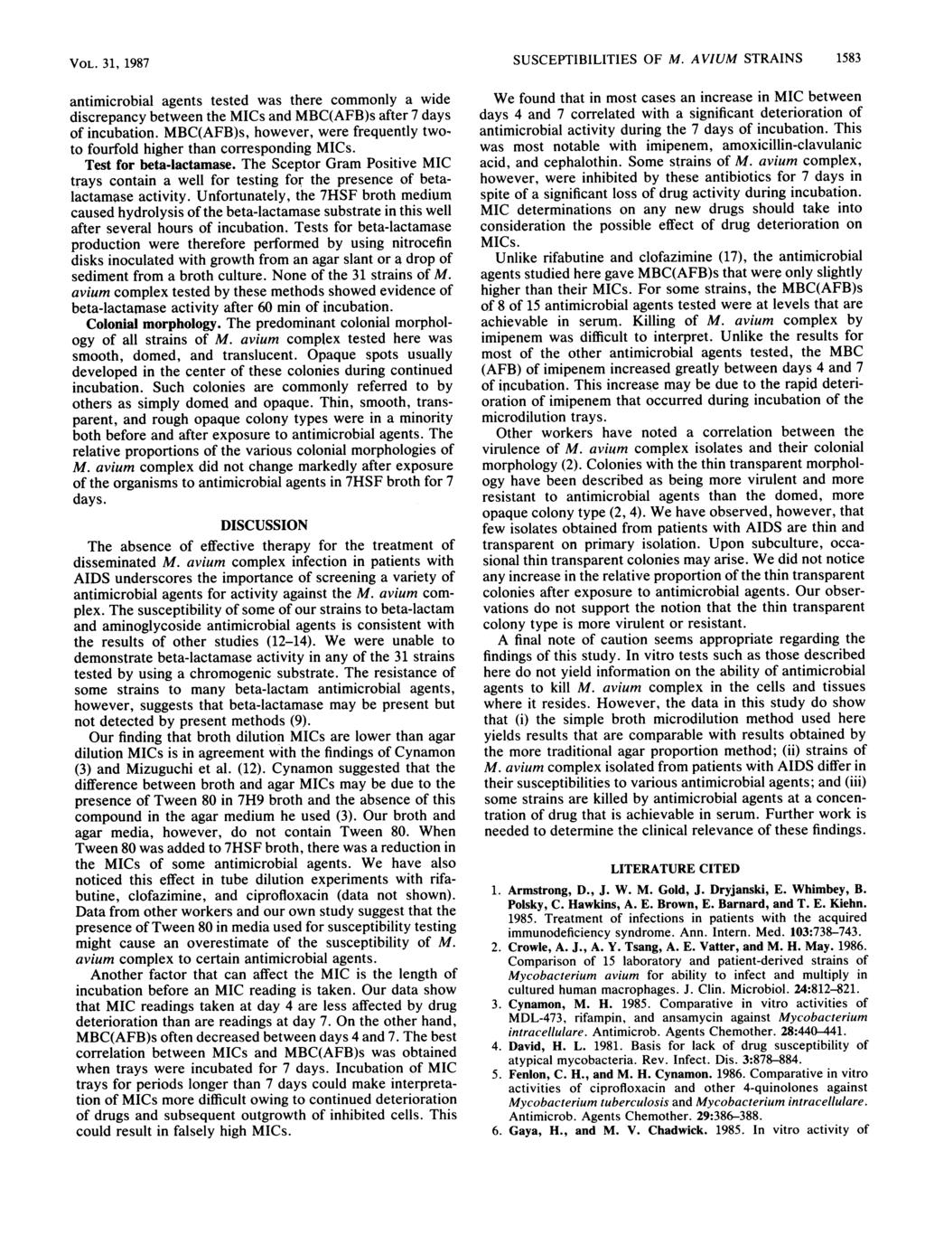 VOL. 31, 1987 antimicrobial agents tested was there commonly a wide discrepancy between the MICs and MBC(AFB)s after 7 days of incubation.