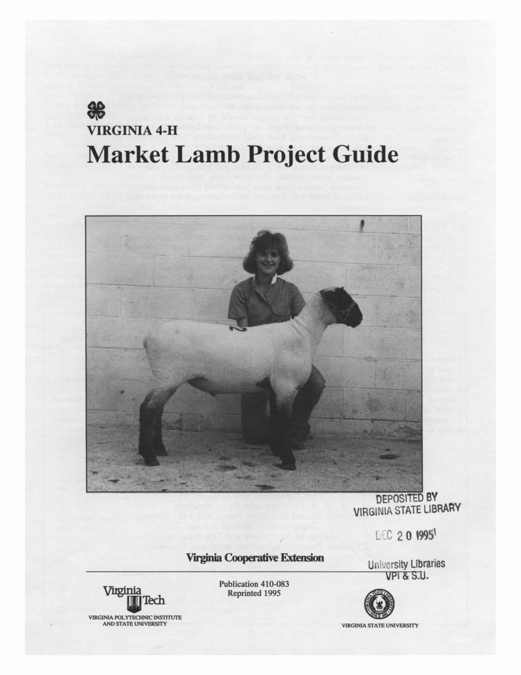 VIRGINIA 4-H Market Lamb Project Guide OEPOS\TED BY VIHGIN'A STATE LIBRARY r,;~c 2 0 199 ' v,tech.