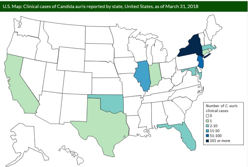 The American experience thus far 2013-2016: 7 cases Current case count (as of March 31, 2018): - 257 confirmed cases - 475 colonized patients In the US: 90% resistant to fluconazole 30% resistant to