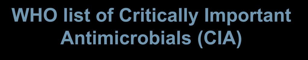 WHO list of Critically Important Antimicrobials (CIA) Criterion 1: Antimicrobial agent used as sole therapy or one of few alternatives to treat serious human disease (SOLE THERAPY) Criterion 2: