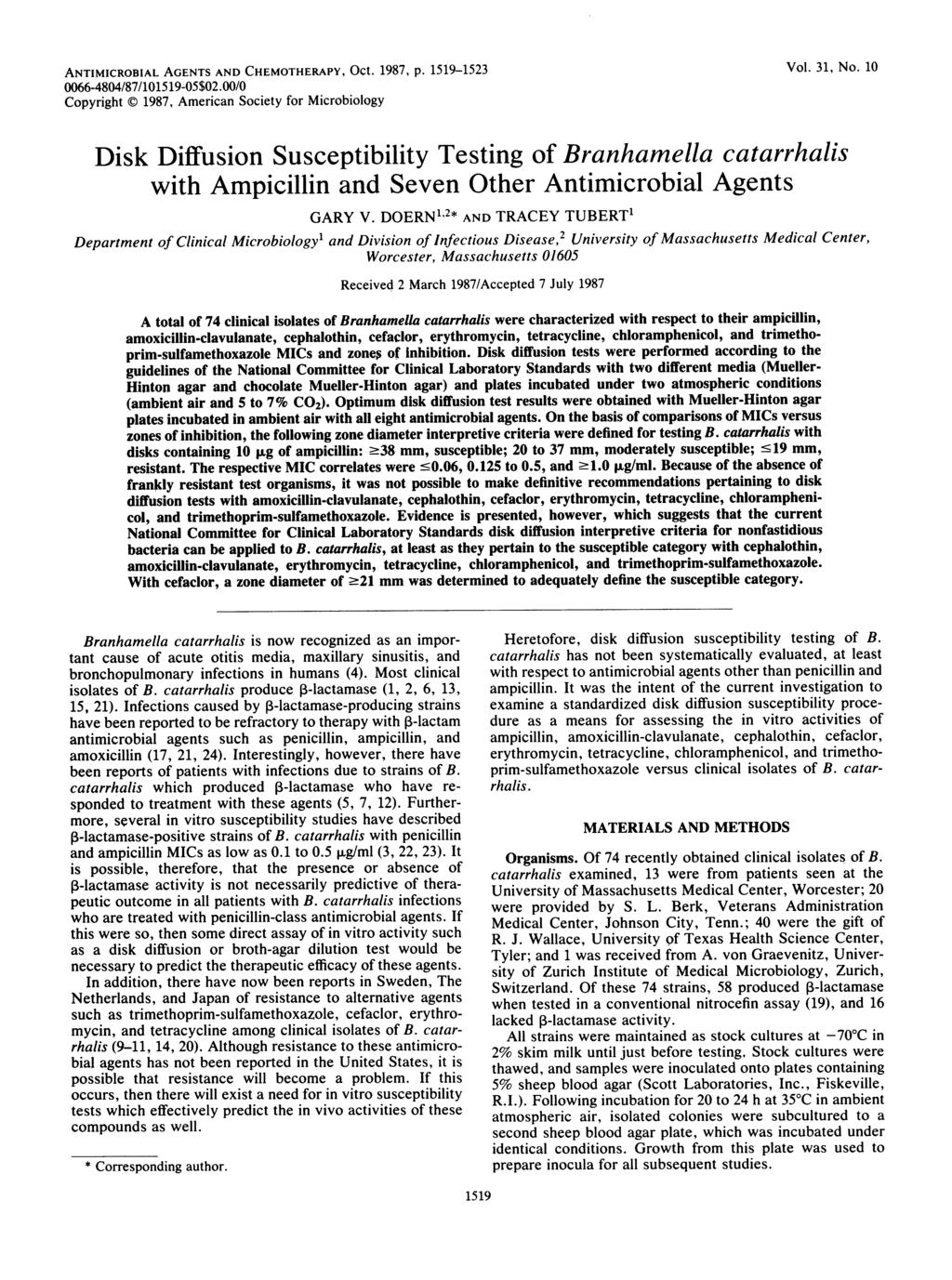 ANTIMICROBIAL AGENTS AND CHEMOTHERAPY, Oct. 1987, p. 1519-1523 Vol. 31, No.