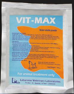 Oral Powder VIT- MAX VITAMINISED ORAL POWDER Each gram powder contains: Vitamin A:15 000 IU Vitamin D3: 4 500 IU Vitamin E: 3.75 mg Vitamin C: 15 mg Vitamin B1: 7.5 mg Vitamin B2: 0.