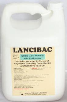 LANCIBAC SANITIZING TEAT DIP Disinfectants Each ml solution contains: Iodine: 5 mg Emollients (Glycerin): 90 mg Sanitizing teat dip, for reducing the spread of organisms which may cause mastitis.