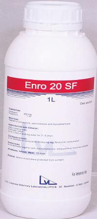 Oral Liquids ENRO 20SF ANTIBIOTIC ORAL SOLUTION Each ml solution contains: Enrofloxacin: 200 mg For treatment of colibacillosis, salmonellosis and mycoplasmosis. Orally in drinking water.