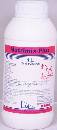 Oral Liquids NUTRIMIX-PLUS NUTRITIONAL ORAL SOLUTION Each 1 L solution contains: Vitamin A: 20 000 000 IU Vitamin D3: 5 000 000 IU Vitamin E: 9 g Vitamin B1: 5 g Vitamin B2: 10 g Vitamin B6: 3 g