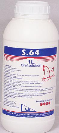 S.64 ANTICOCCIDIAL ORAL SOLUTION Oral Liquids Each ml solution contains: Sulfaquinoxaline sodium: 100 mg Pyrimethamine: 33 mg For treatment of: Caecal and intestinal coccidiosis in poultry, calves
