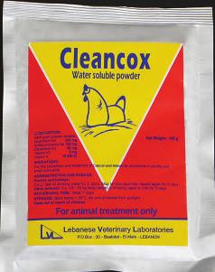 Oral Powder CLEANCOX ANTICOCCIDIAL ORAL POWDER Each gram powder contains: Amprolium HCL: 200 mg Sulfaquinoxaline Na: 150 mg Diaverdine HCL: 50 mg Vitamin K3: 5 mg Vitamin A: 15 000 IU For prevention