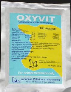 OXYVIT VITAMINISED ANTIBIOTIC ORAL POWDER Oral Powder Each gram powder contains: Neomycin sulfate: 80 mg Oxytetracycline HCL: 80 mg Vitamin A: 4 000 IU Vitamin D3: 2 500 IU Vitamin E: 2 IU Vitamin