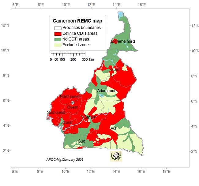 Figure 2. Rapid epidemiological mapping of onchocerciasis in Cameroon The areas in red show where community directed treatment with ivermectin is needed.
