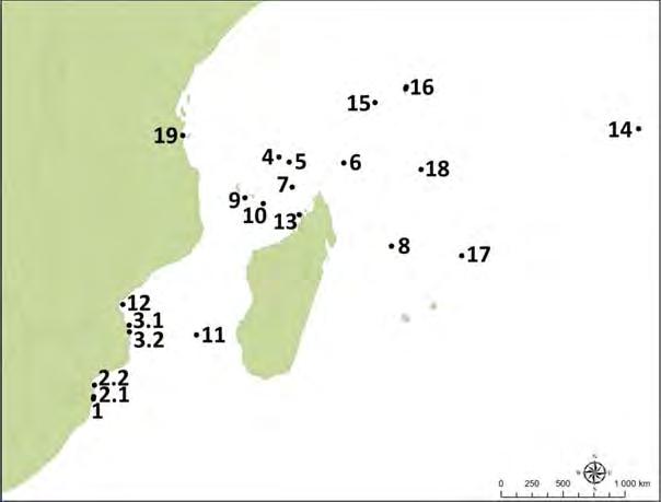 Figure 2.2. Sites of importance identified by the WIO MTTF (site numbers correspond to those in Table 2.1 and in the text). 1 = isimangaliso; 2.1 = Ponto d'ouro Marine Partial Reserve; 2.