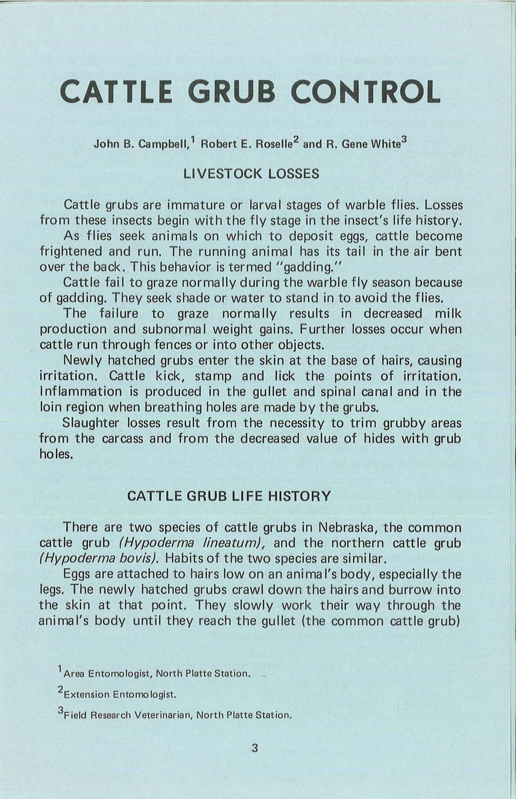 CATTLE GRUB CONTROL John B. Campbell, 1 Robert E. Roselle 2 and R. Gene White 3 LIVESTOCK LOSSES Cattle grubs are immature or larval stages of warble flies.