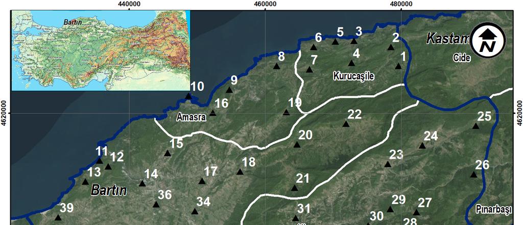 Herpetofauna of Bartın Province 91 Figure 1. The map showing the localities where the field studies were conducted during our field studies in Bartın province (locality names are given in Appendix).