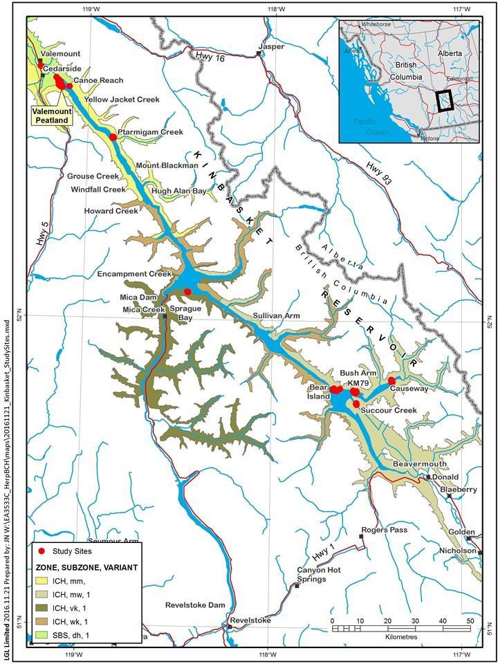 STUDY AREA Figure 3-1: Location of Kinbasket Reservoir in British Columbia and locations sampled for CLBMON-37 in 2016. Naming of study sites follows Hawkes et al.