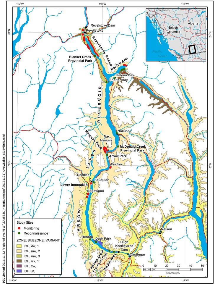 STUDY AREA Figure 3-3: Location of Arrow Lakes Reservoir in British Columbia, and locations sampled for CLBMON-37