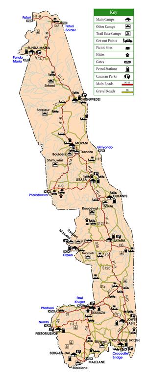 Figure 8. Map of Kruger National park showing roadways and rest camps.