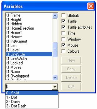 55 If the attribute can only take specific values, such as LineStyle, an arrow appears in the bottom box. Click the arrow to reveal the drop-down menu of line styles.