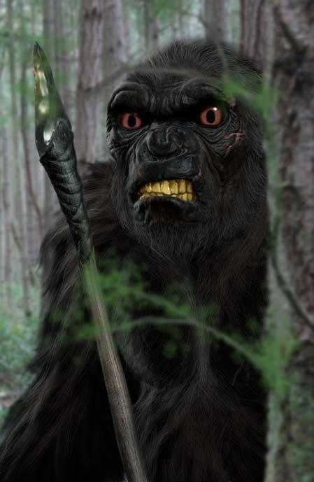 88 them+us Armed with a flint-tipped spear, a Eurasian Neanderthal peers out from its forest lair.