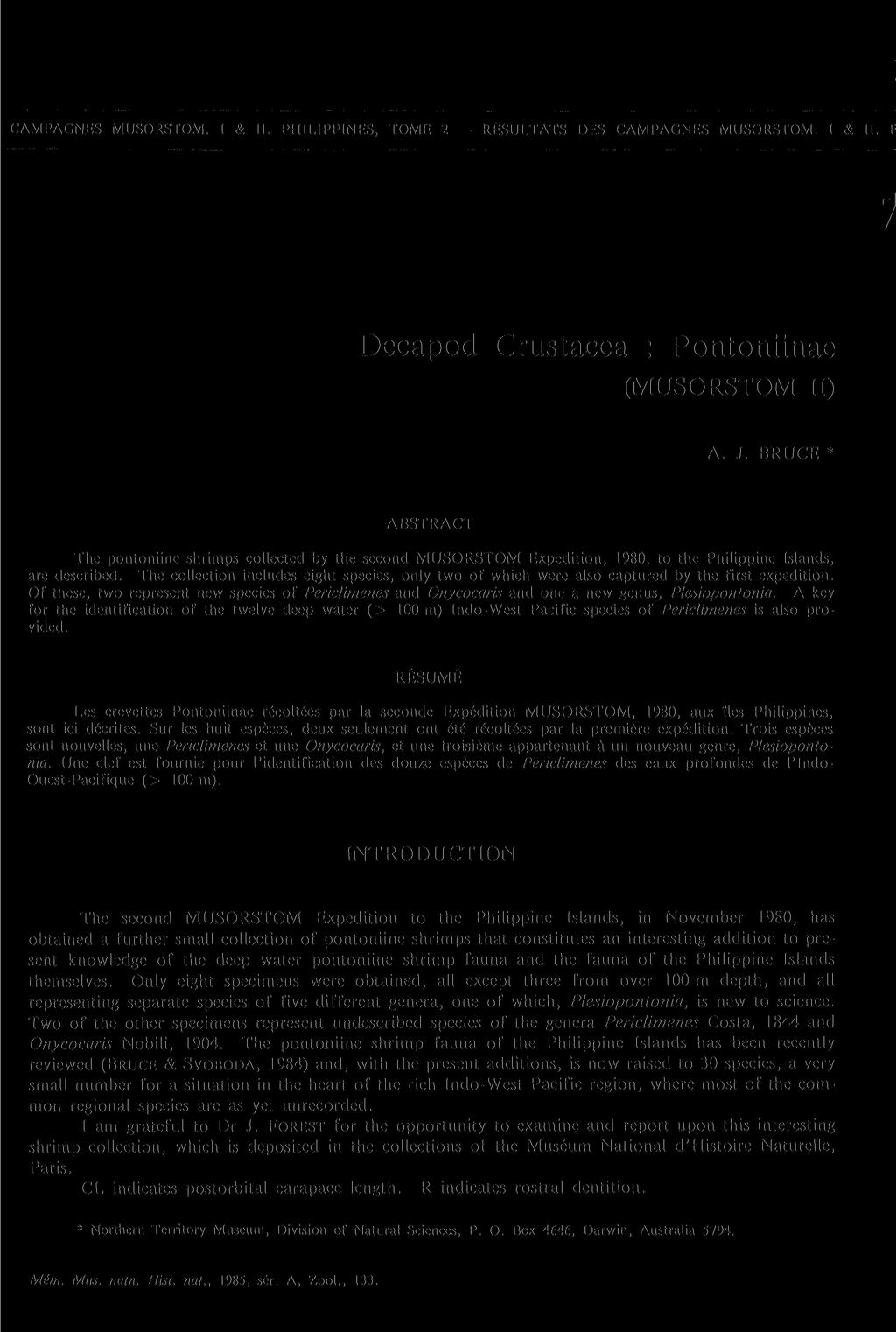 CAMPAGNES MUSORSTOM. I & II. PHILIPPINES, TOME 2 RESULTATS DES CAMPAGNES MUSORSTOM. I & II. F Decapod Crustacea : Pontoniinae (MUSORSTOM II) A. J.