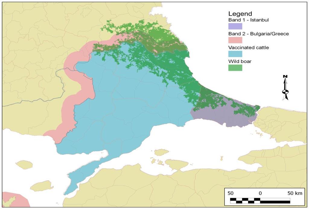 Priority surveillance areas for wildlife surveillance are shown in green, representing the area of contiguous forest running through Turkish