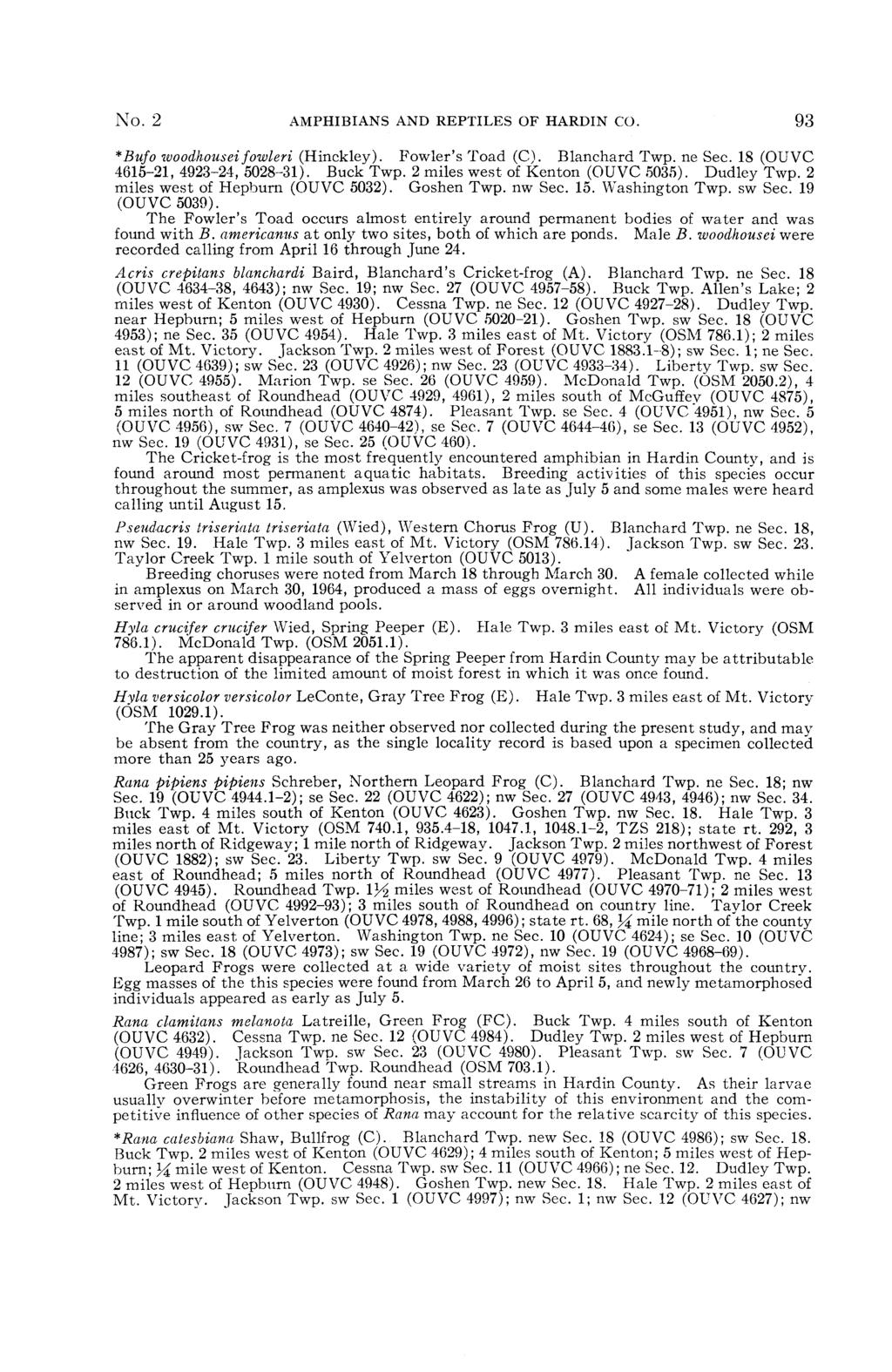 No. 2 AMPHIBIANS AND REPTILES OF HARDIN CO. 93 *Bufo woodhousei fowleri (Hinckley). Fowler's Toad (C). Blanchard Twp. ne Sec. 18 (OUVC 4615-21, 4923-24, 5028-31). Buck Twp.