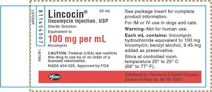 691272 PRINCIPAL DISPLAY PANEL - 20 ml Vial Label 20 ml Lincocin lincomycin injection, USP Sterile Solution Equivalent to 100 mg per ml lincomycin CAUTION: Federal (USA) law restricts this drug to