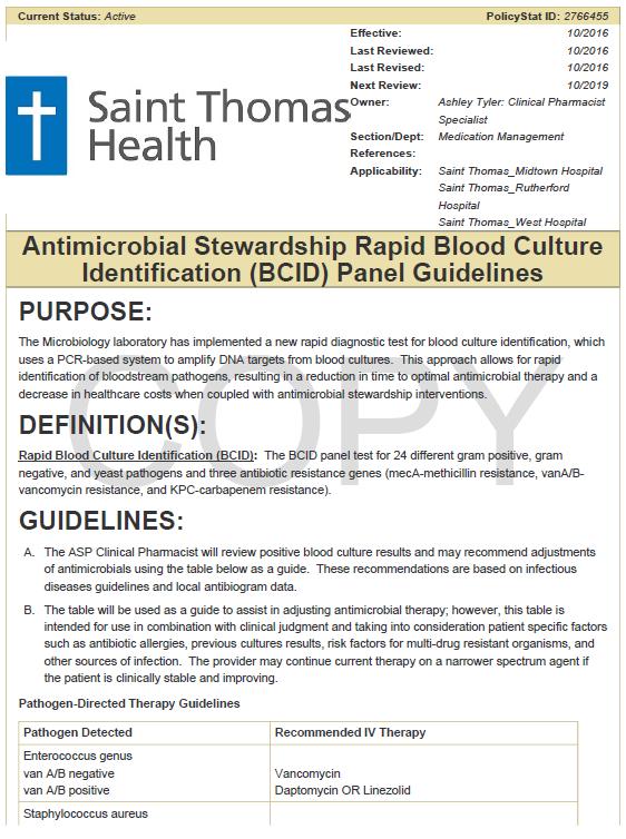 Action Saint Thomas Midtown Hospital Rapid Diagnostic Tests for Blood Pharmacists are alerted on positive blood culture