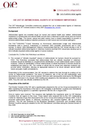 OIE List of Antimicrobial Agents of Veterinary Importance Adopted in the 75th General Session in May 2007, but further updated and adopted in May 2013 and May 2015 by the World Assembly of OIE